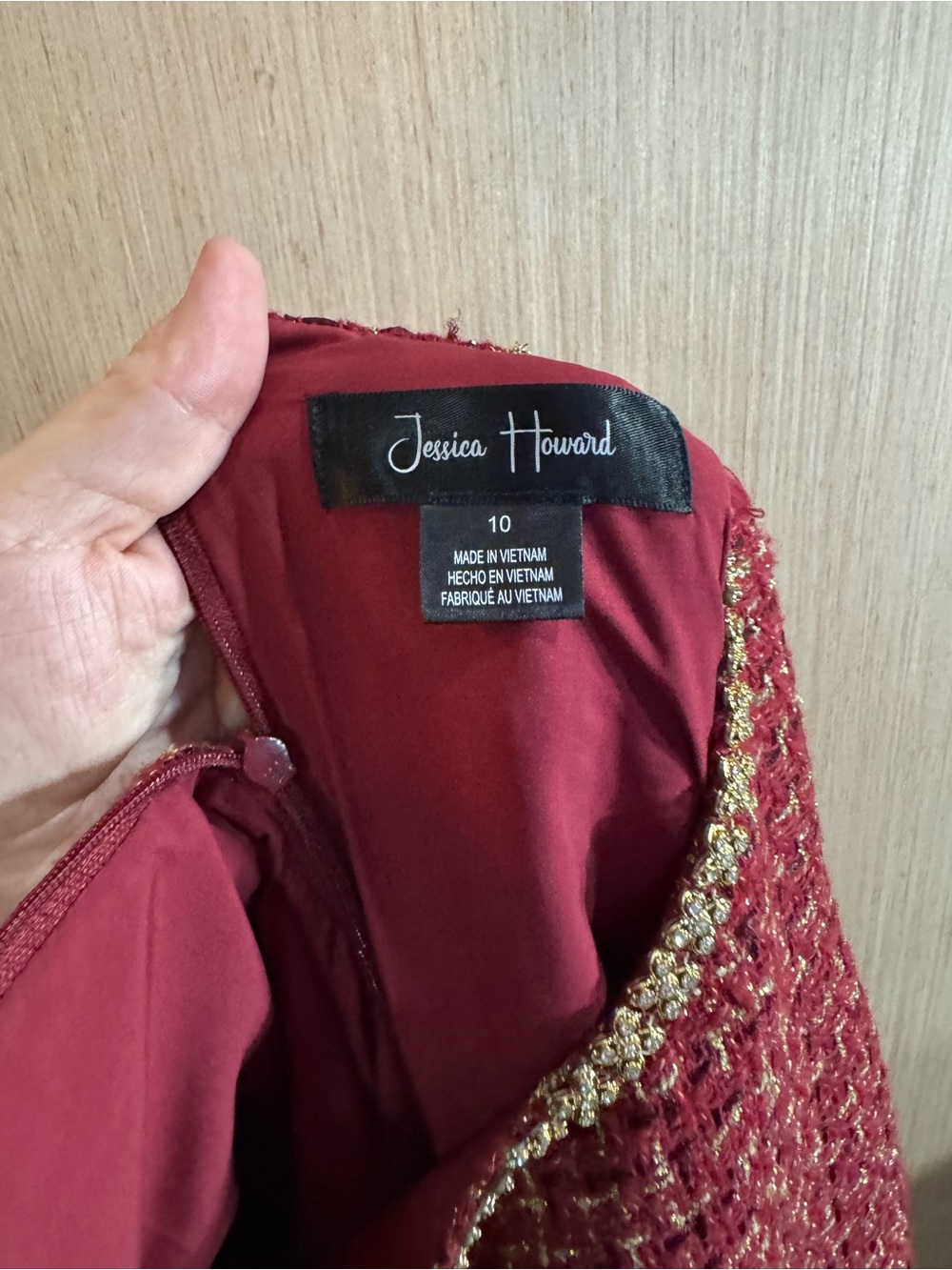 Jessica Howard Burgundy Tweed Shift Dress with Jeweled Neckline Size 10 - Picture 6 of 6